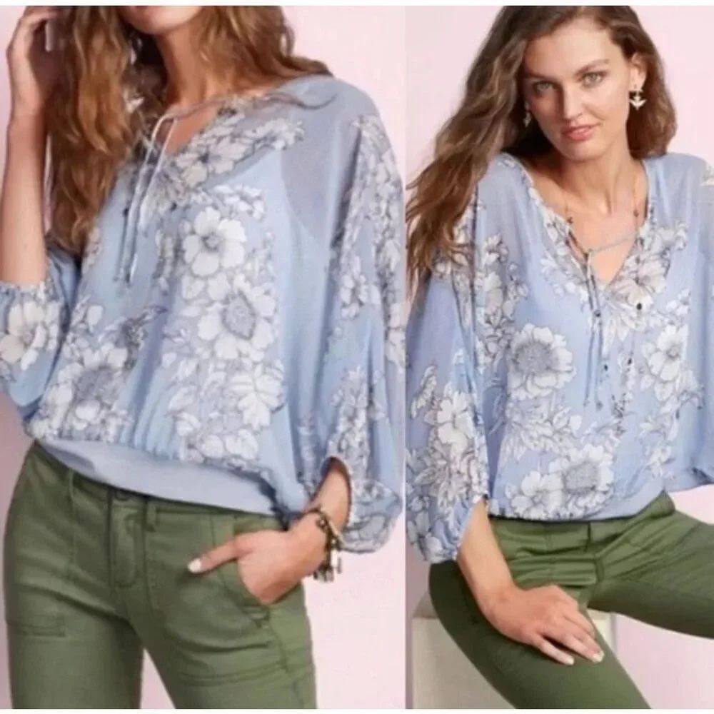 CAbi Sirena flowy floral semi sheer bubble hem blouse